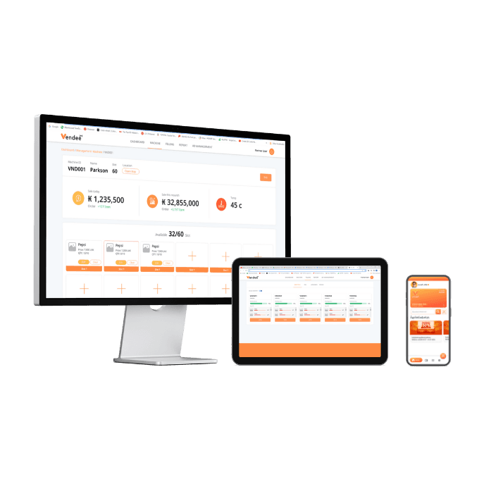 Vendee X back-end management system shown on desktop, tablet, and mobile devices
